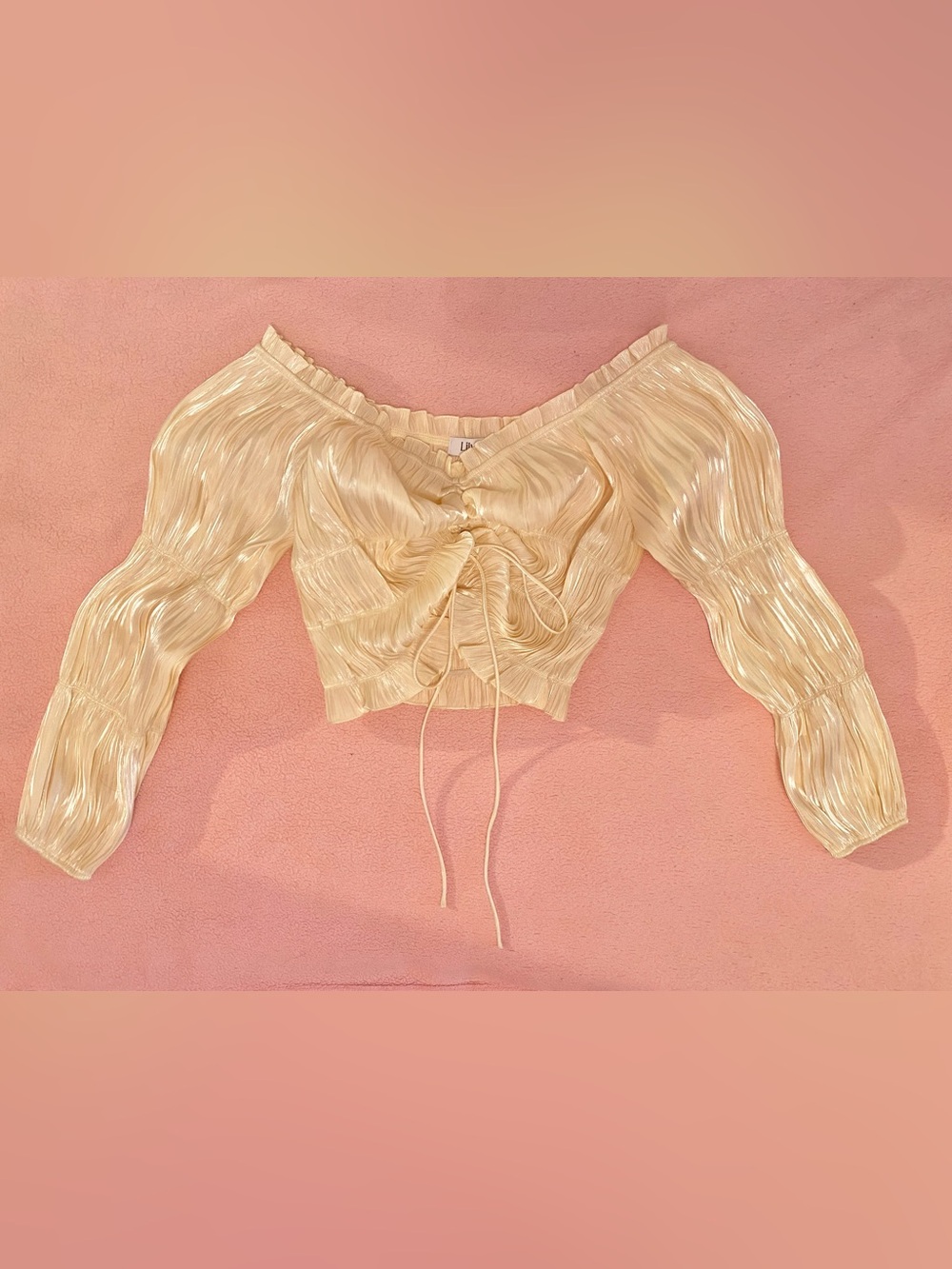 Plisse Off-Shoulder Top Cream White Gold Medium Poofy Ruffle Longsleeve Lilyful